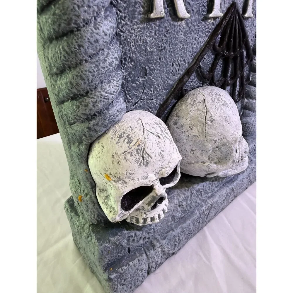 Large Halloween RIP Tombstone Decor Light-Up Skull Eyes Bat Spider Web Prop
